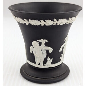 Black Basalt Wedgewood England Jasperware Trumpet Vase Cup Cupids Cherubs